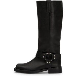 Caradise Women Black Knee High Square Toe Pull On Flat Motorcycle Comfort Boots